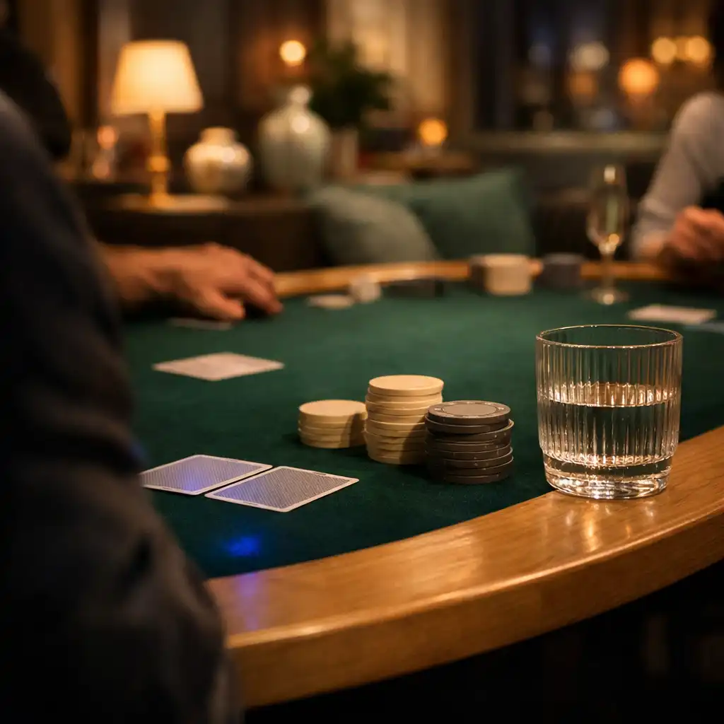 A physical blackjack card table with face-down cards, neutral chips and ribbed glassware.