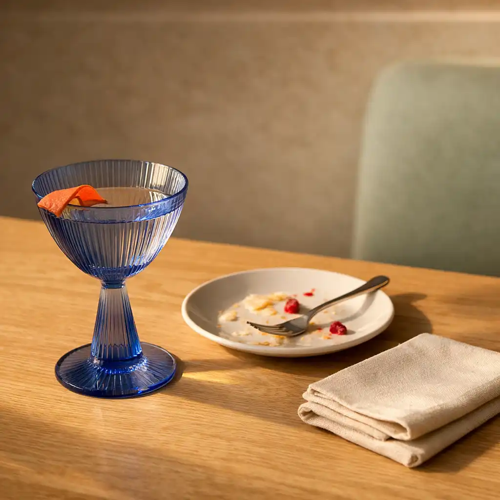 A sculptural cocktail in ribbed blue-tinted glass beside a porcelain dessert plate and folded linen.