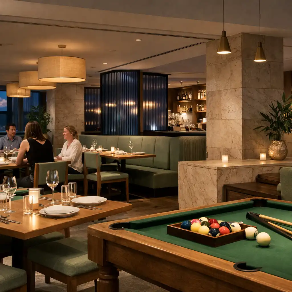 A warm contemporary Sydney-style restaurant interior after dusk, with dining tables and a discreet deep green felt lounge table.