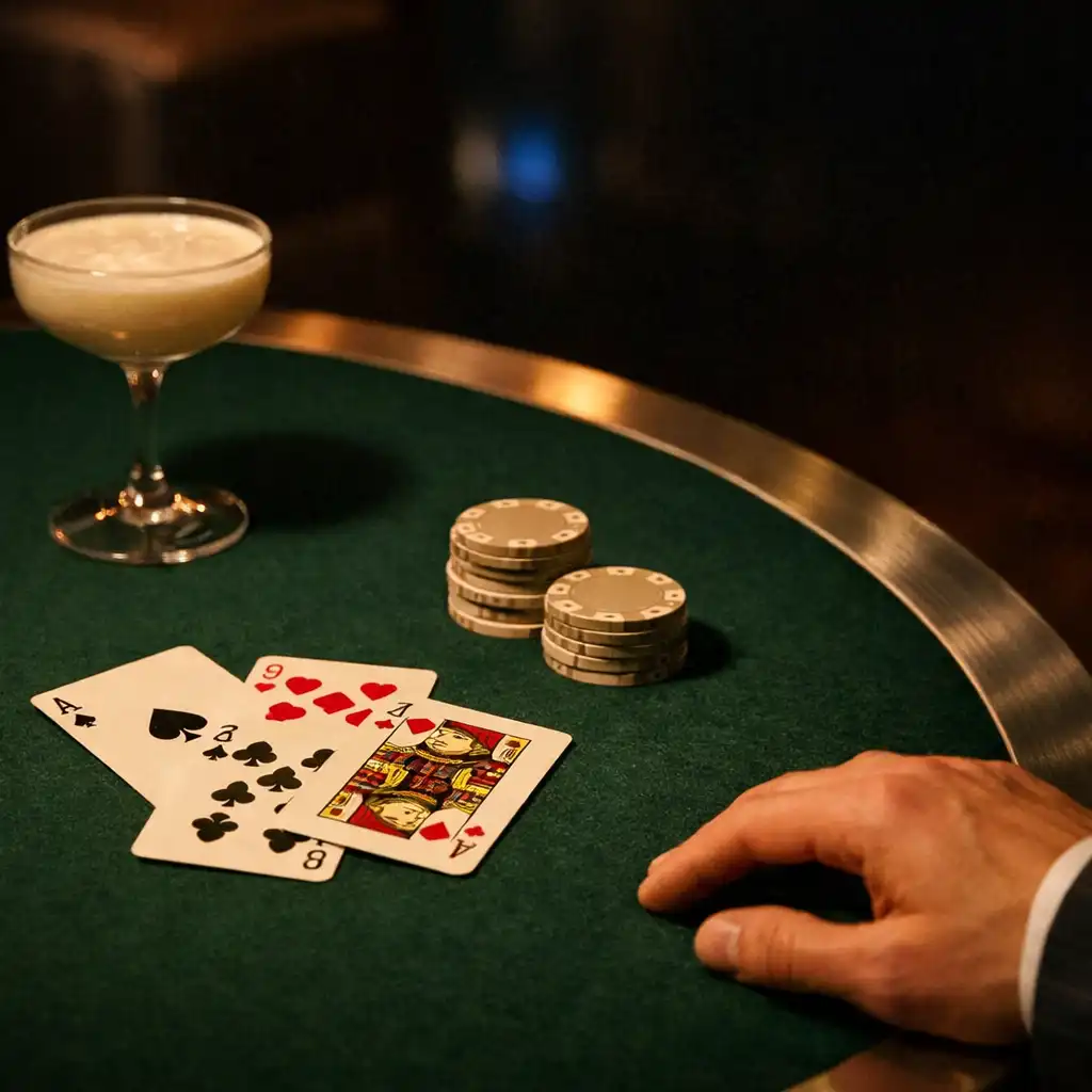 Physical playing cards and neutral chips on a deep green felt table beside a porcelain saucer.