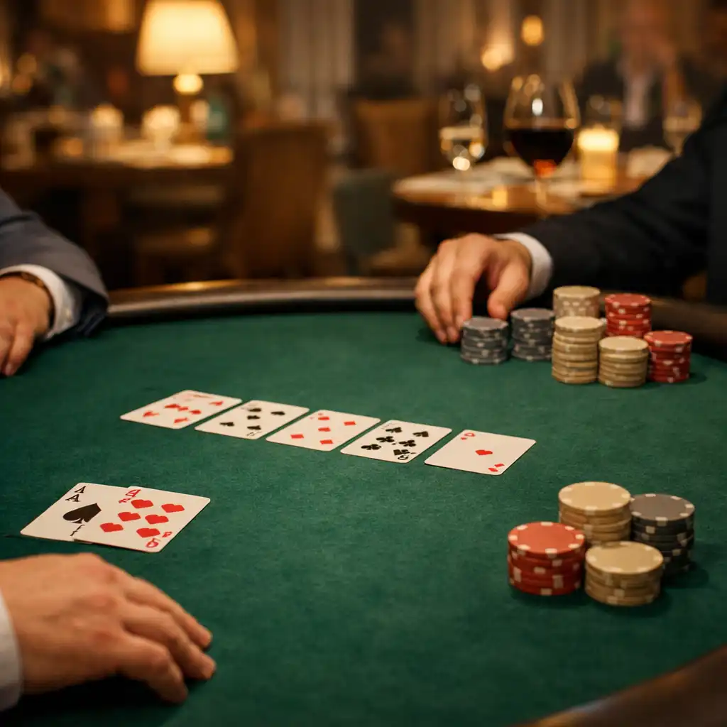 Hands gathered around physical cards and neutral chips on a deep green poker table.