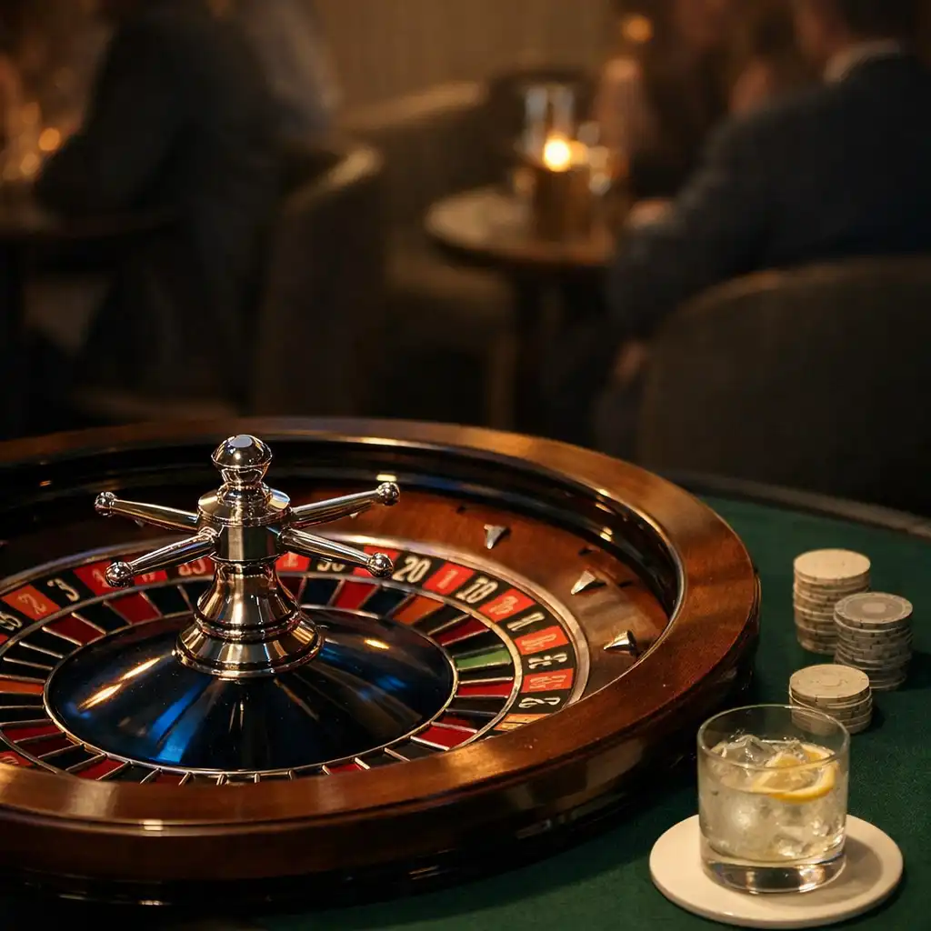 A stationary roulette wheel beside a deep green felt surface and neutral chips in warm evening light.
