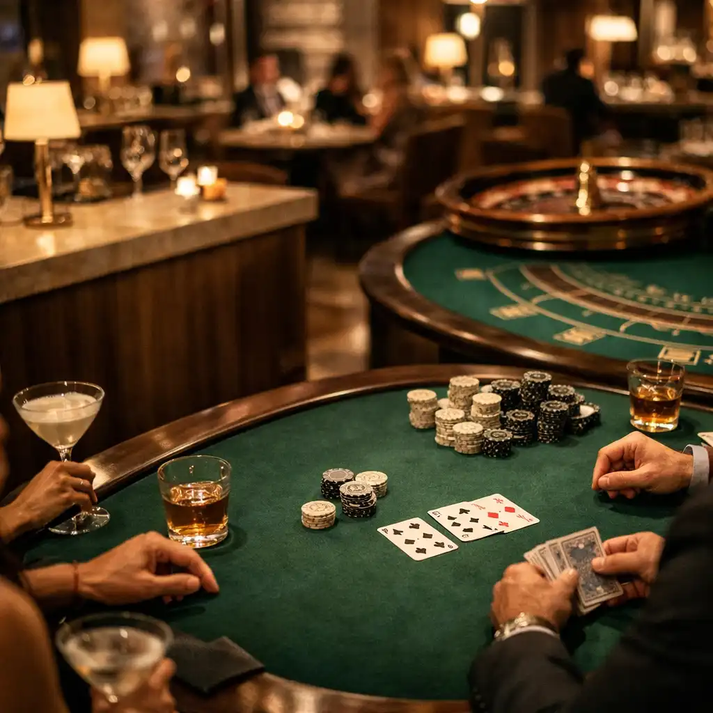 Hands gathered around a deep green felt table with playing cards, neutral chips and evening glassware