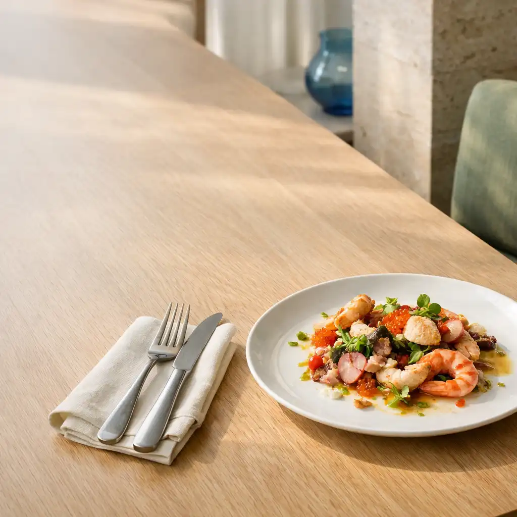 Porcelain seafood plate on a pale oak table in a sunlit contemporary dining room