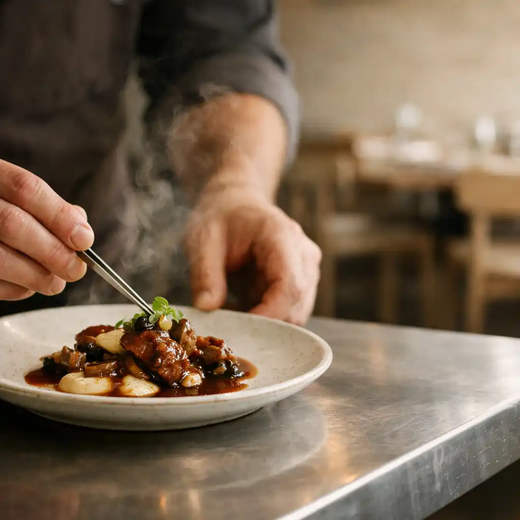Chef hands finishing a porcelain plate at a brushed stainless-steel kitchen pass