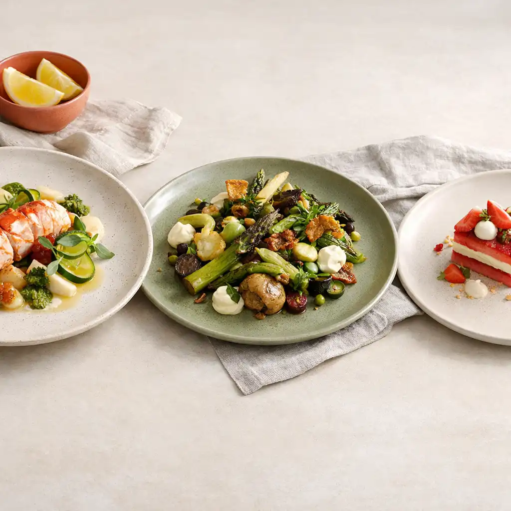 Refined seafood course on a warm porcelain table