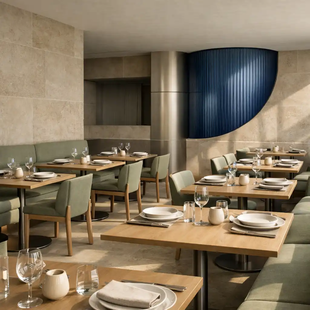 Sunlit contemporary dining room with pale oak tables, sage seating and travertine surfaces
