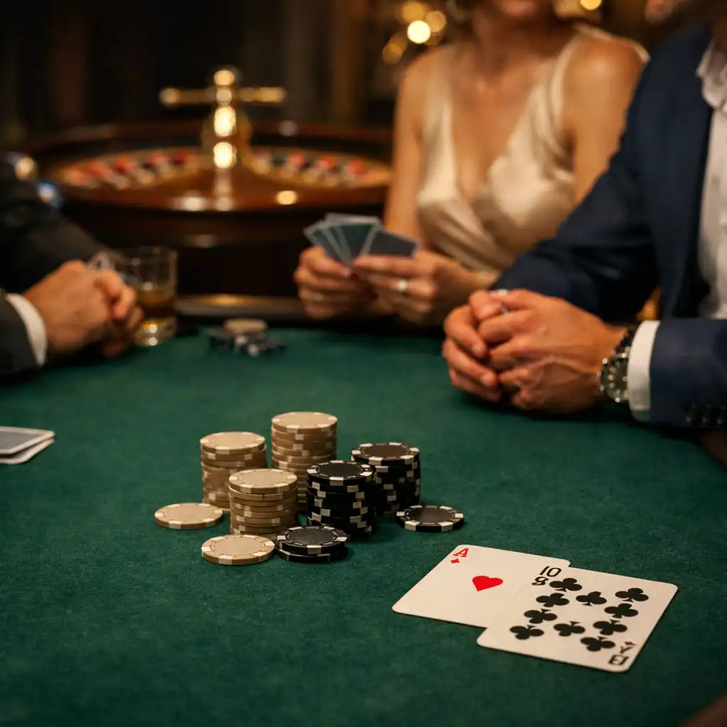 Deep green felt table with playing cards, neutral chips and guests gathered face-to-face