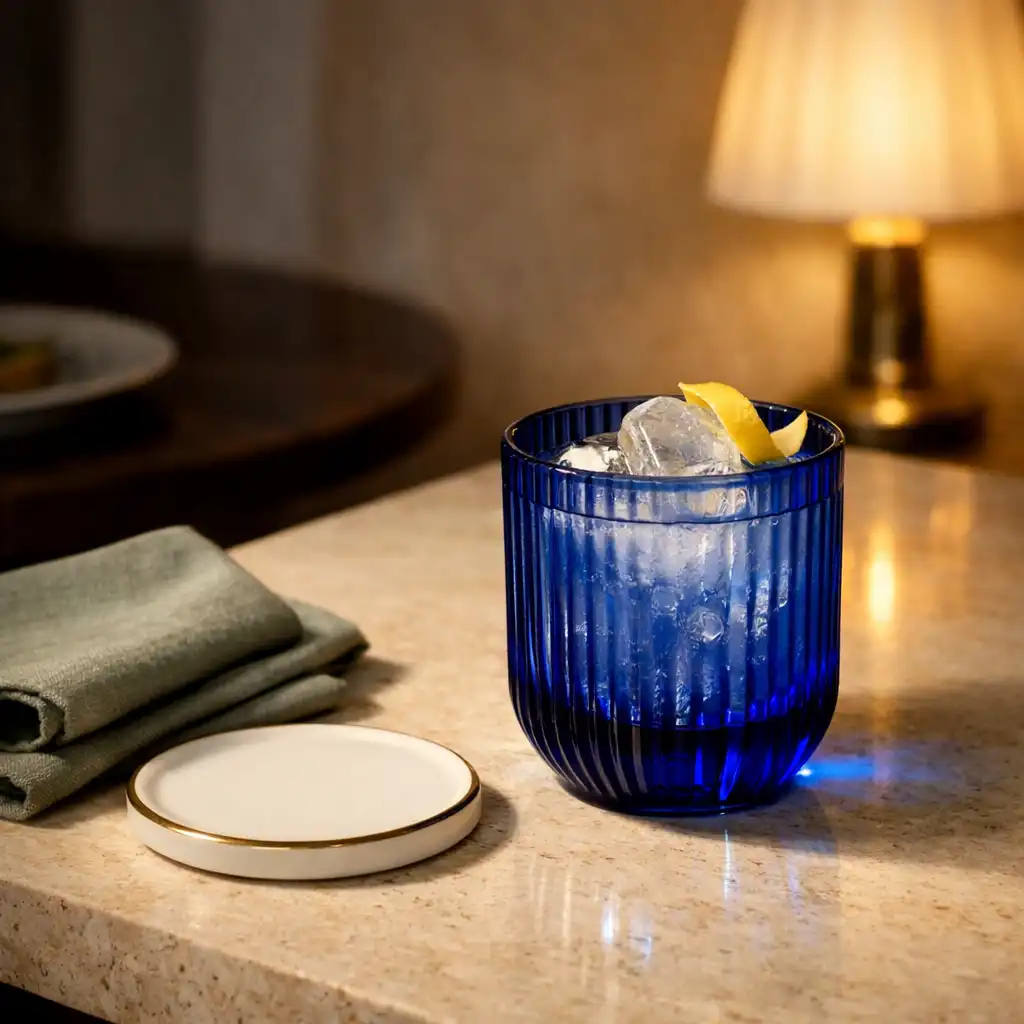 Sculptural cocktail in ribbed ultramarine glass on a travertine surface