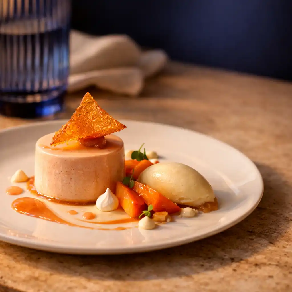 Refined dessert course beside a softly blurred ultramarine glass