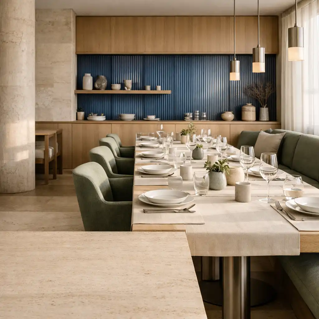 Contemporary restaurant interior with a long table, porcelain settings, linen and sage seating