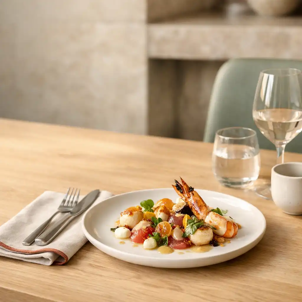 Refined seafood plate on a pale oak dining table with linen and a softly blurred restaurant interior