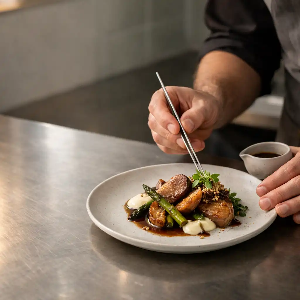 Chef’s hands finishing a porcelain plate at a stainless-steel pass