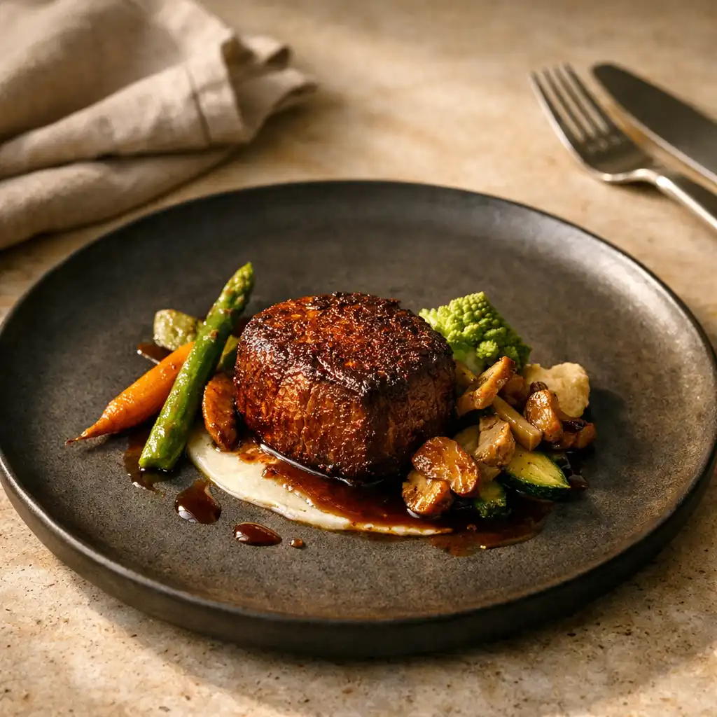 Composed contemporary Australian meat course with seasonal vegetables