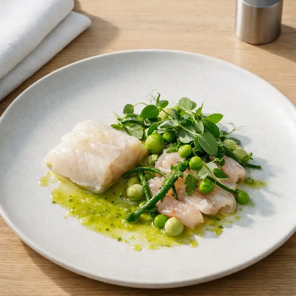 Refined seafood course on a porcelain plate