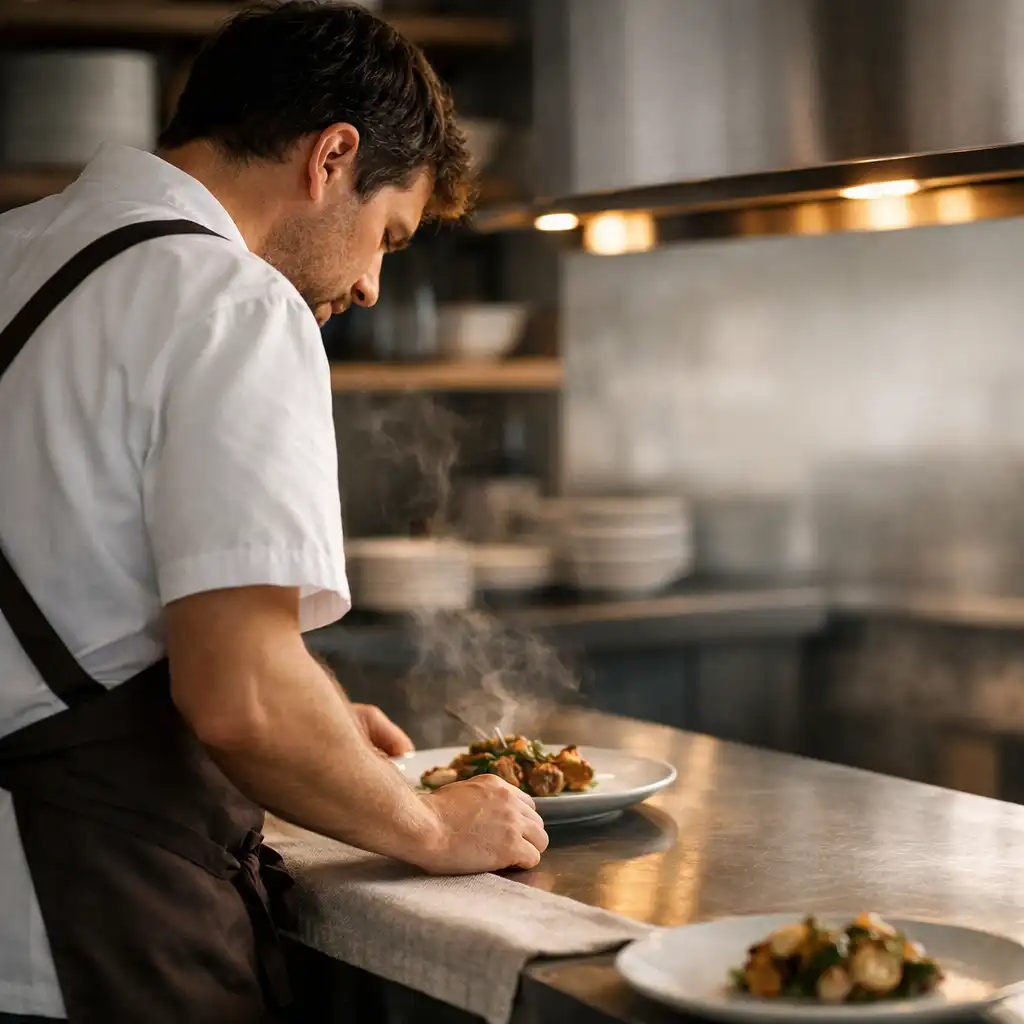 Anonymous chef checking a plated course at an open stainless-steel pass