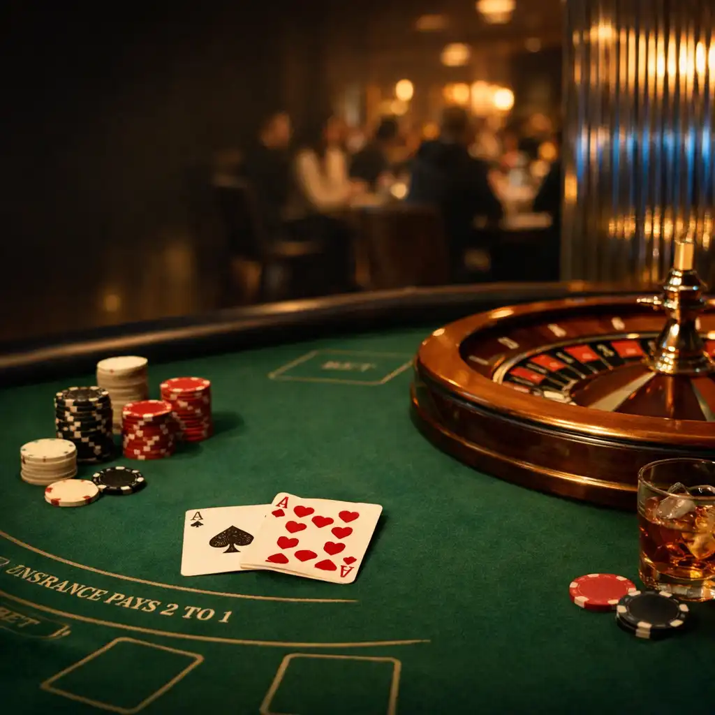 Physical Casino Lounge table with deep green felt, playing cards and neutral chips