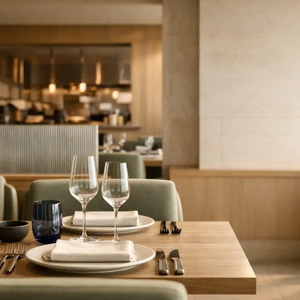 Daylight dining room with porcelain settings, pale oak, travertine and sage upholstery