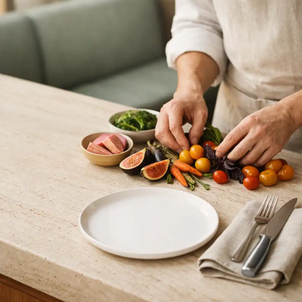 Chef’s hands arranging seasonal produce on a travertine pass beside a porcelain plate