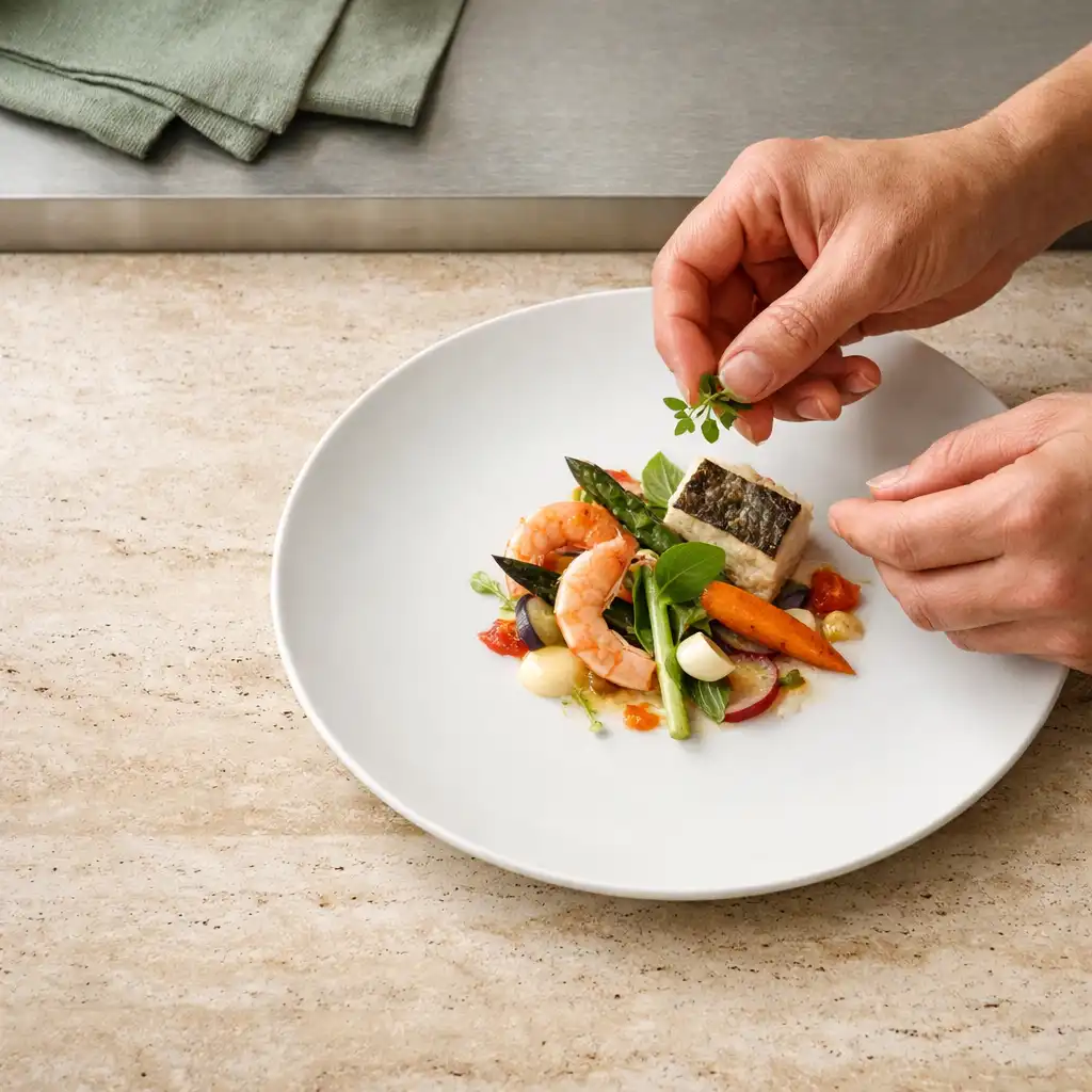 Chef’s hand adding a final garnish to a porcelain dish at the pass