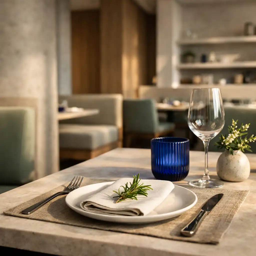 Set restaurant table with porcelain, linen and ultramarine ribbed glass in a warm Sydney-style interior.