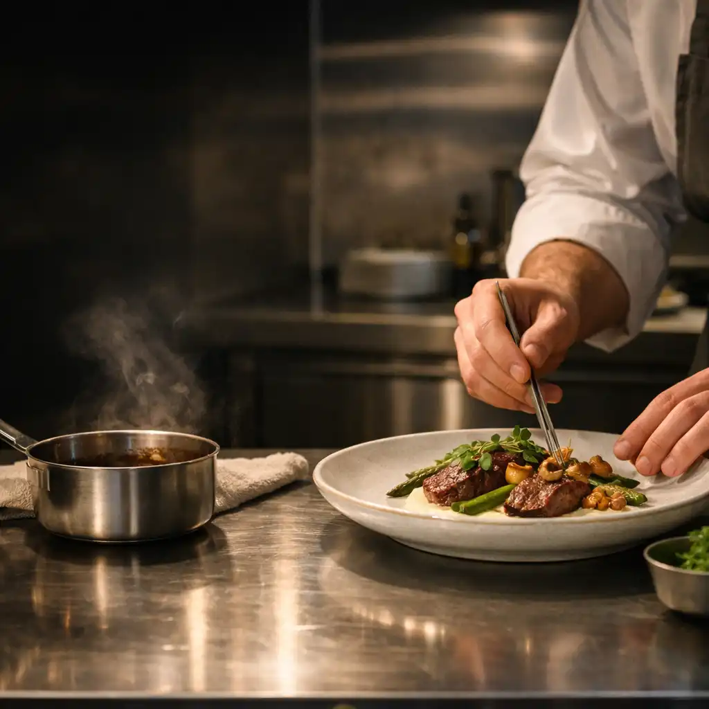 Chef’s hands plating a seasonal dish at a stainless-steel pass with porcelain, herbs and faint steam.