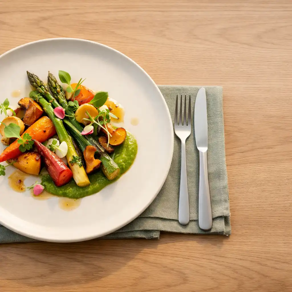 A refined plated vegetable course on warm porcelain with herbs and a delicate sauce.