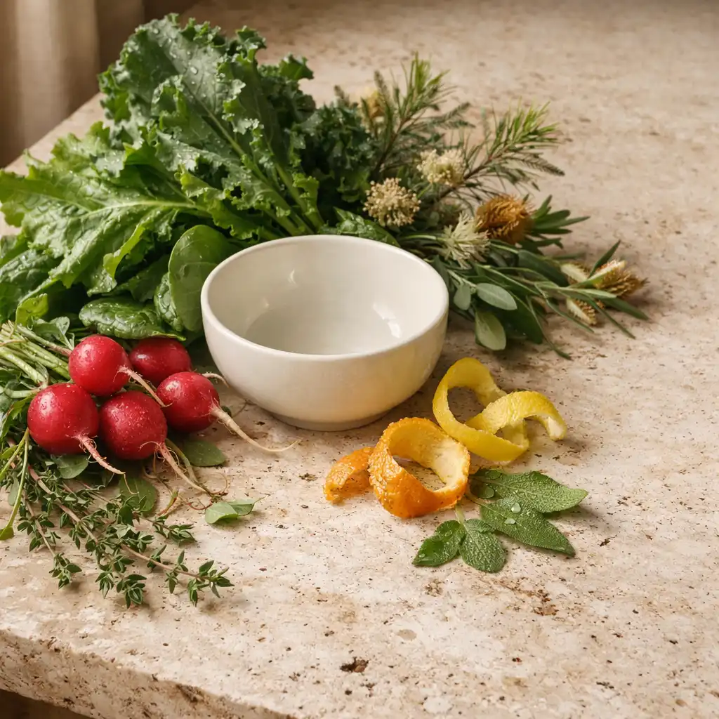 Leafy greens, radishes, herbs and citrus peel arranged with a porcelain bowl on soft travertine.