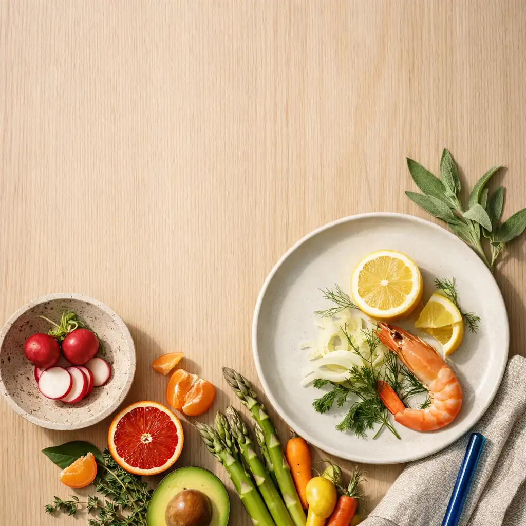 Seasonal Australian produce arranged on a pale oak table with porcelain bowls and linen.