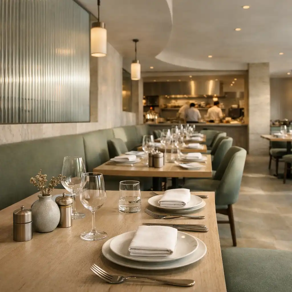 Contemporary dining room with pale oak tables, linen, porcelain, travertine and sage seating