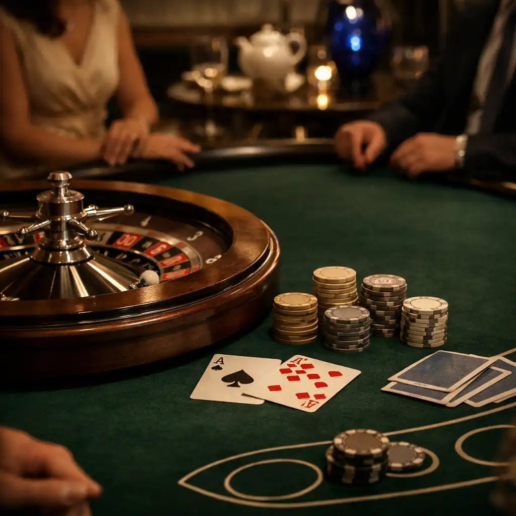 Deep green felt table with roulette wheel, blackjack layout edge, playing cards and neutral chips