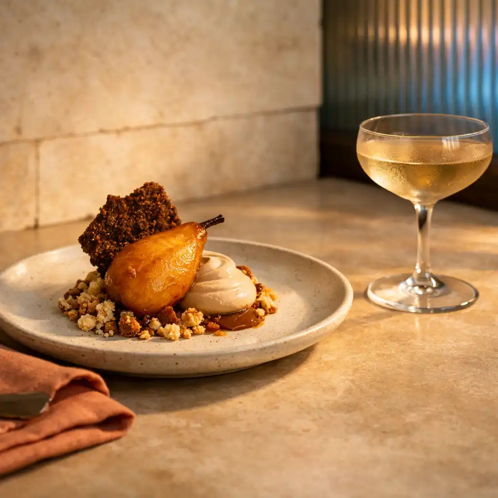 Caramelised pear dessert with brown butter cream beside a coupe glass