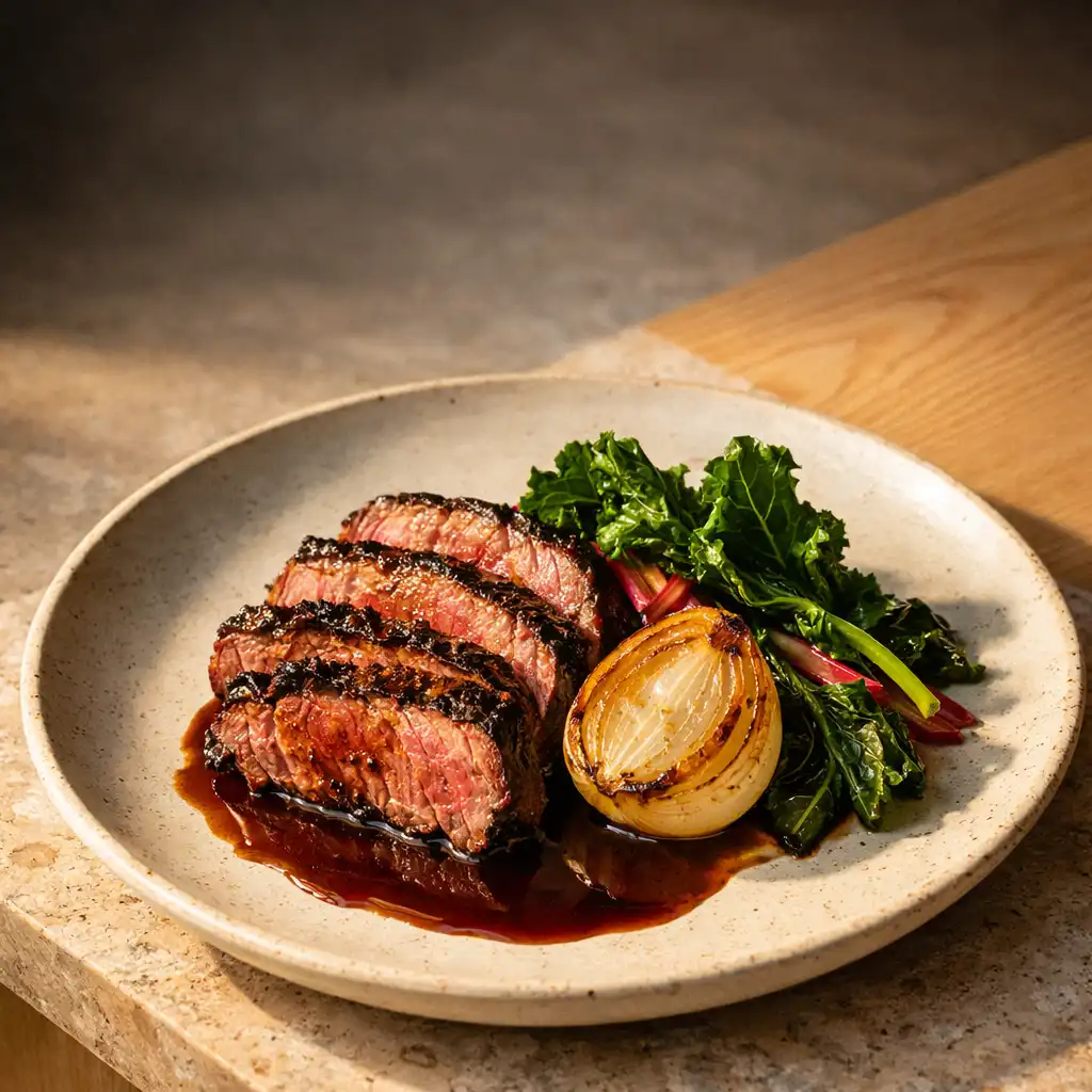 Sliced wood-fired beef with smoked onion, bitter leaves and dark jus