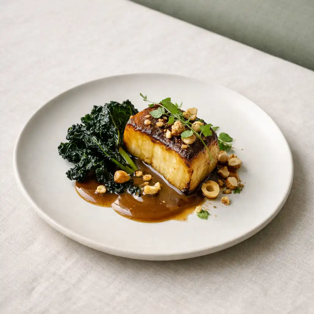 Roasted celeriac with mushroom glaze, cavolo nero and hazelnut on porcelain