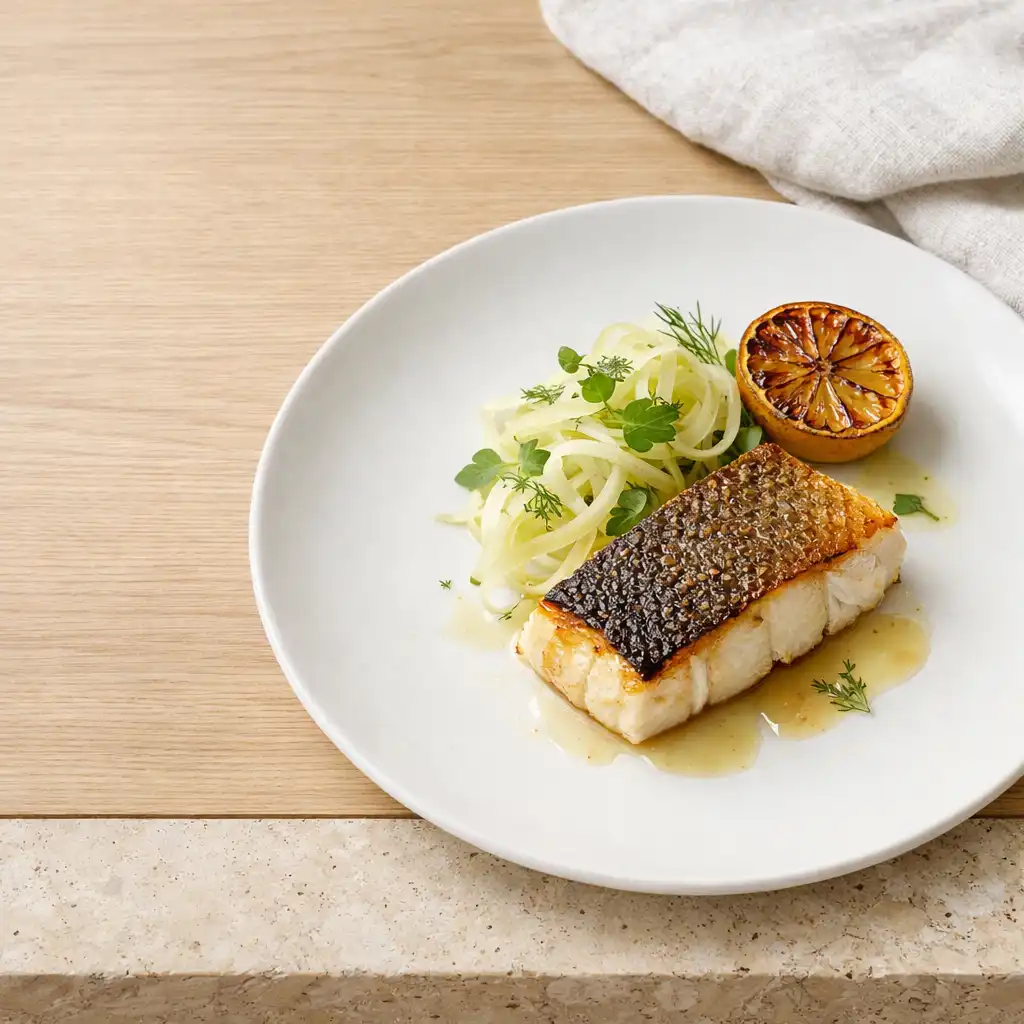 Finished seafood dish with crisp skin, charred lemon and fennel on a porcelain plate