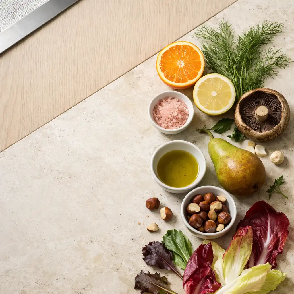 Citrus, fennel, mushrooms, hazelnuts, pear and bitter leaves arranged with porcelain prep bowls