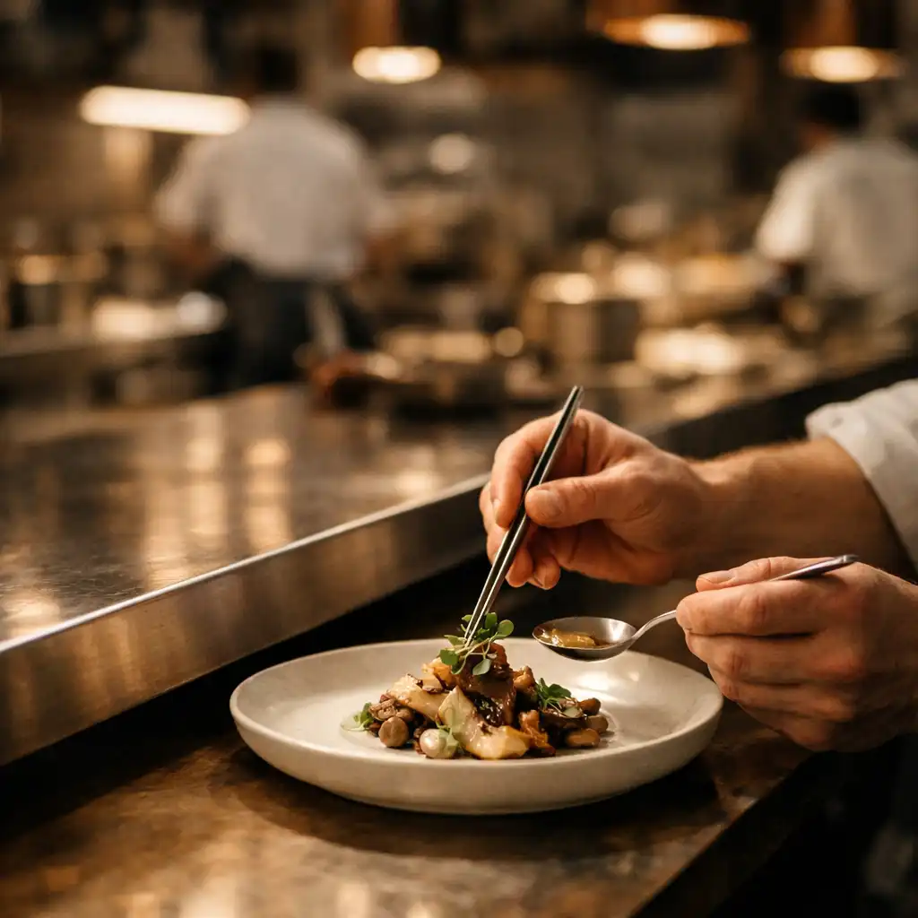 Chef hands finishing a porcelain plate with kitchen tools at an open pass
