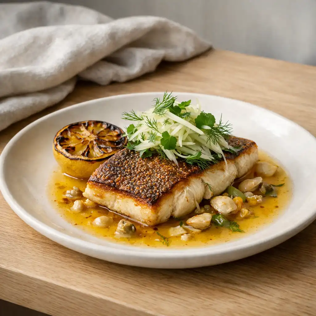 Crisp-skinned fish with charred lemon, fennel and sauce on porcelain